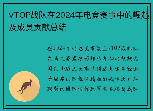 VTOP战队在2024年电竞赛事中的崛起及成员贡献总结